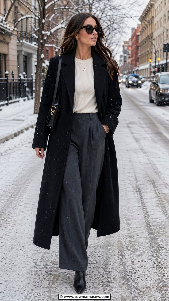 Black wool coat with wide leg trousers - 35 wide leg pants outfits