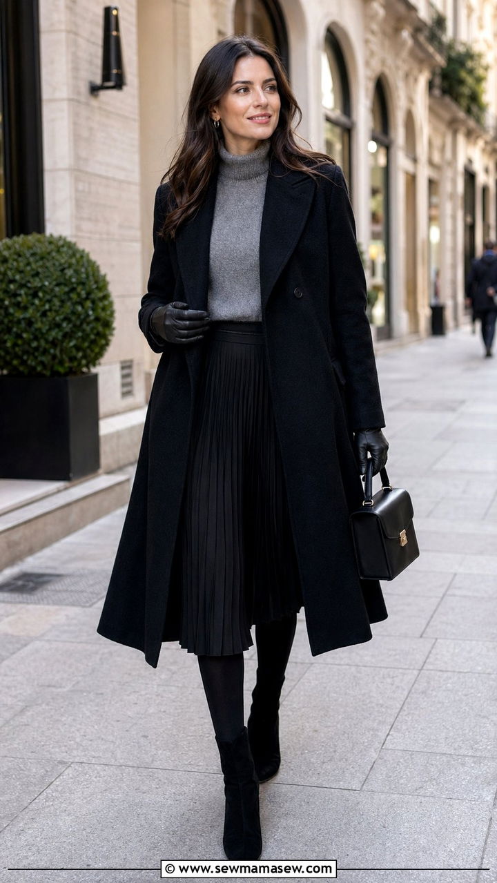Black wool swing coat and leather gloves - 35 quiet luxury outfits for women