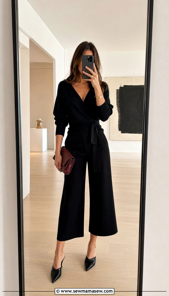 Black wrap top and cropped wide leg pants outfit - 35 girls night out outfits for women over 40