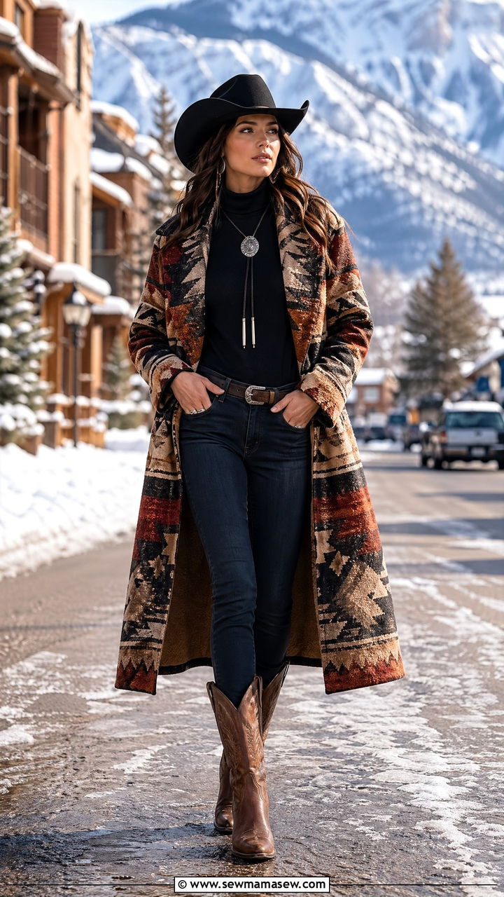 Blanket Coat with Dark Jeans and Cowboy Hat - 35 Western chic outfit ideas