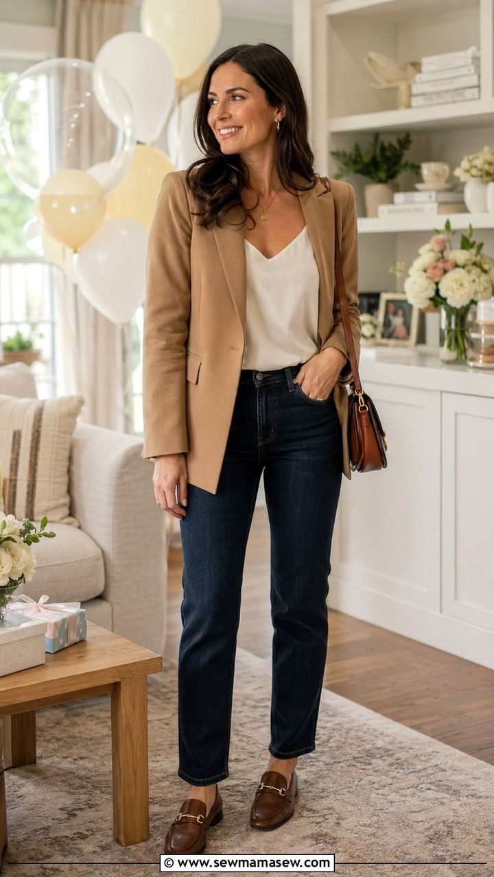 Blazer And Dark Jeans Baby Shower Guest - 30 baby shower outfit ideas for women