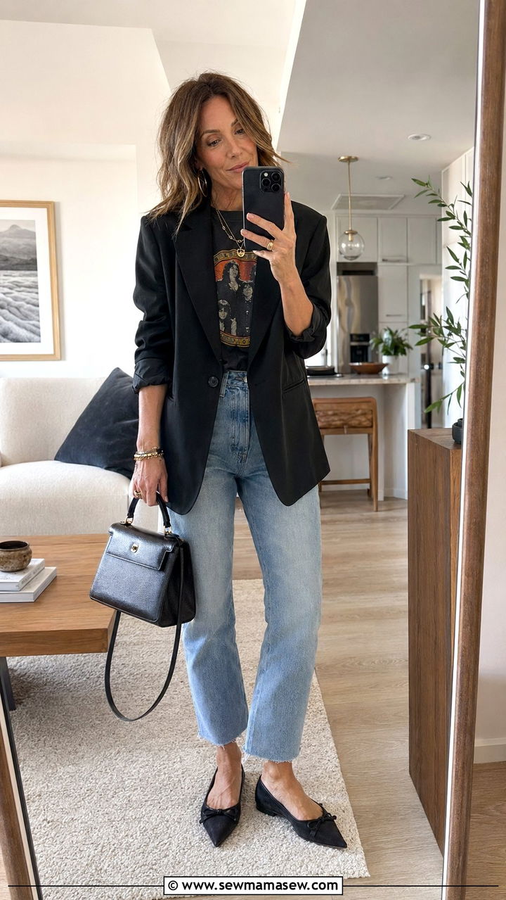 Blazer And Graphic Tee With Cropped Mom Jeans - 35 mom jeans outfits for women over 40