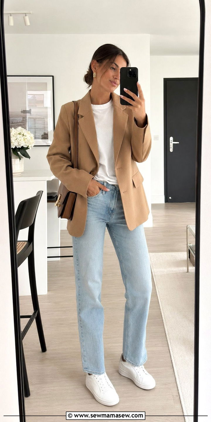 Blazer White Tee and Sneakers - 30 Weekend brunch outfit ideas