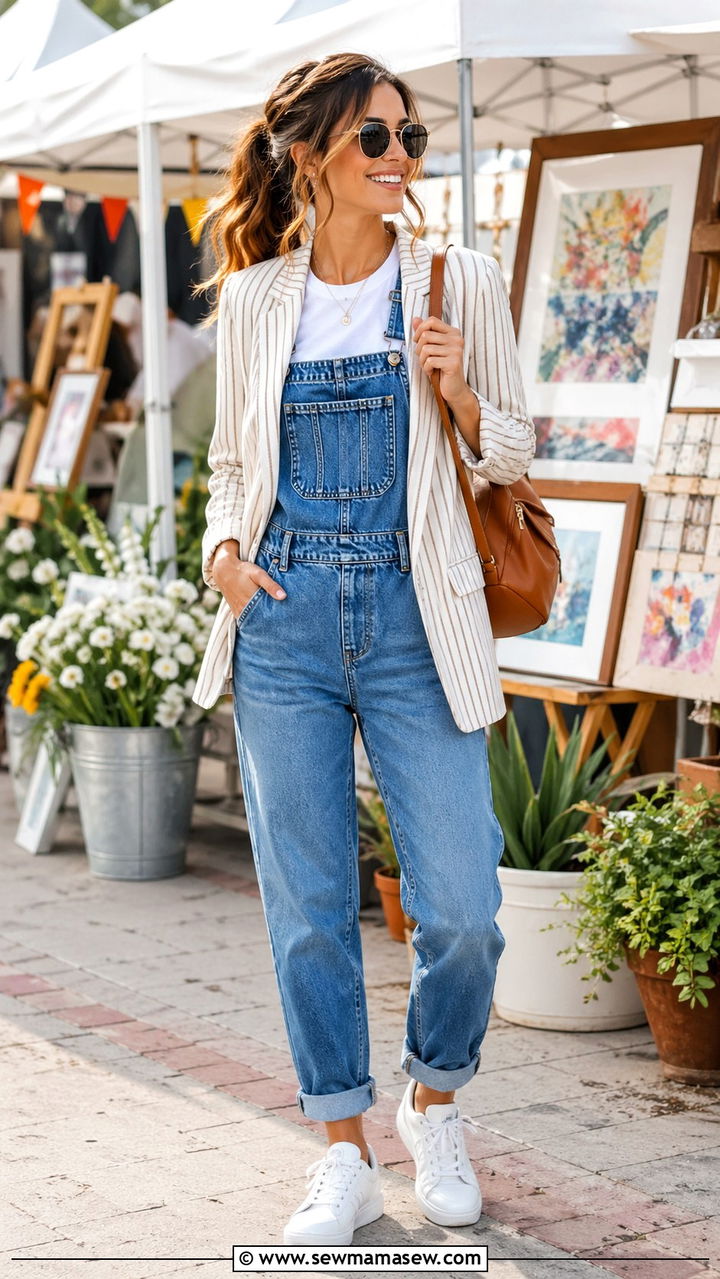 Blazer With Dungarees and a White T Shirt - 30 spring blazer outfit ideas