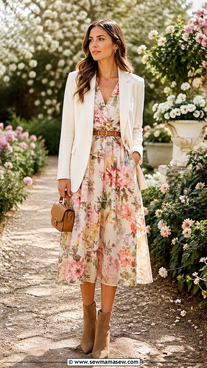 Blazer With Floral Midi Dress and Ankle Boots - 30 spring blazer outfit ideas
