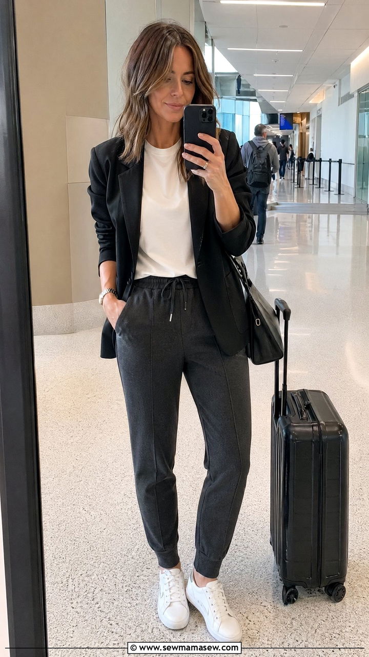 Blazer With Joggers And Sneakers - 35 classy airport outfits