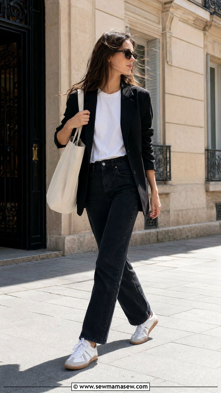 Blazer With Sneakers And Dark Denim - 30 Windy day outfit ideas