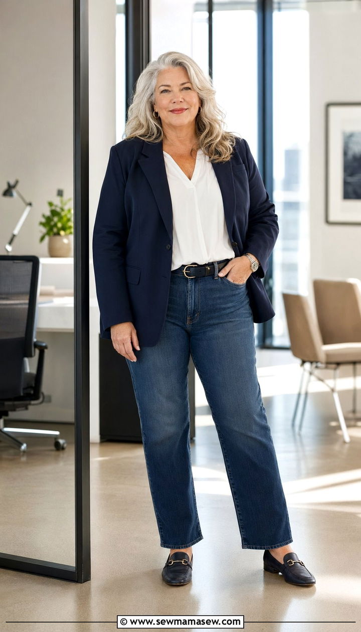 Blazer With Straight Leg Jeans And Loafers - 35 Plus size outfits for women over 50
