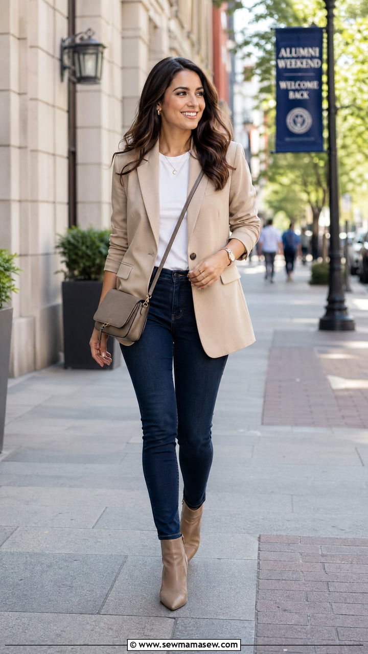 Blazer With T Shirt And Jeans Combo - 35 College reunion outfit ideas