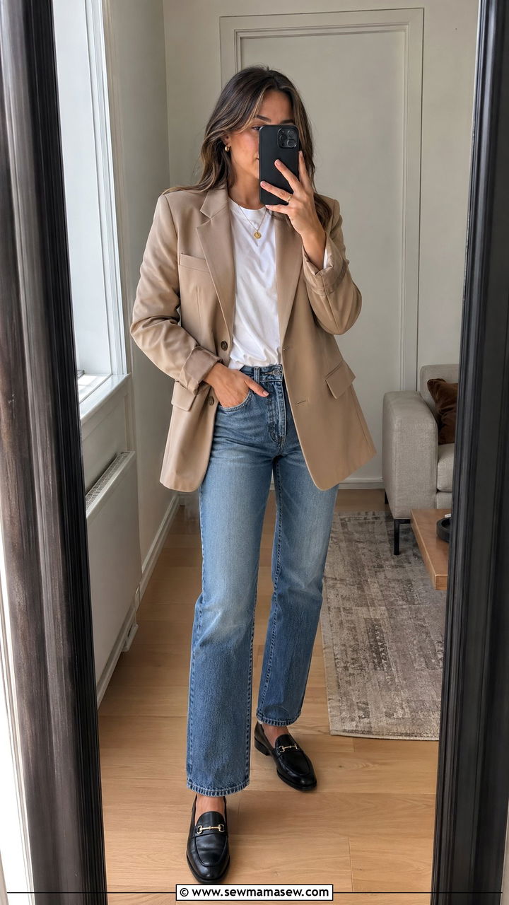 Blazer With White Tee and Straight Leg Jeans - 35 transitional outfit ideas for women