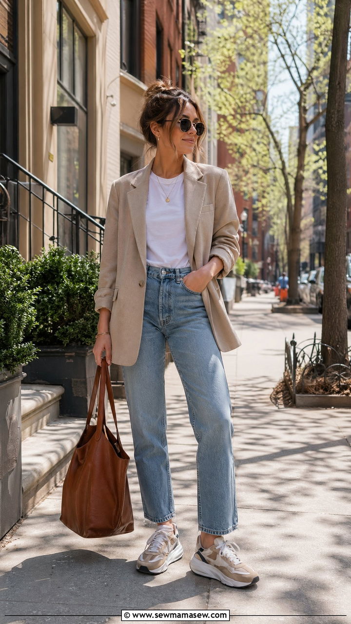 Blazer and Jeans with Statement Sneakers - 35 Spring outfits for stay at home moms