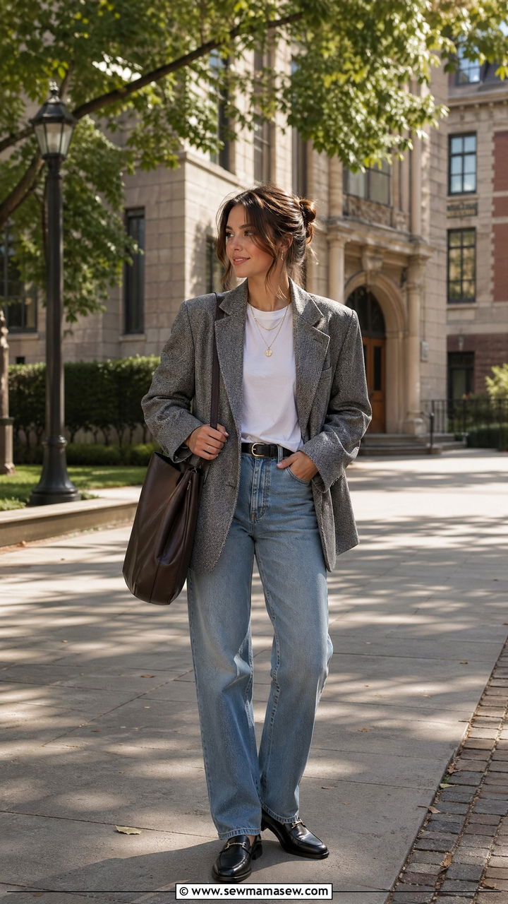 Blazer and Relaxed Denim Outfit - 35 cute back to school outfits
