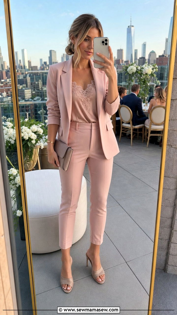 Blazer and Trousers Set with Heeled Mules - 30 what to wear to a summer wedding guest