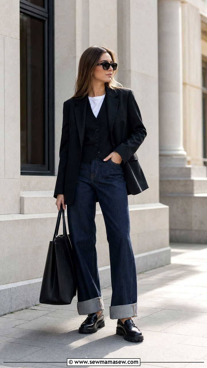 Blazer and Waistcoat Over Cuffed Denim Outfit - 35 scandinavian outfits for women
