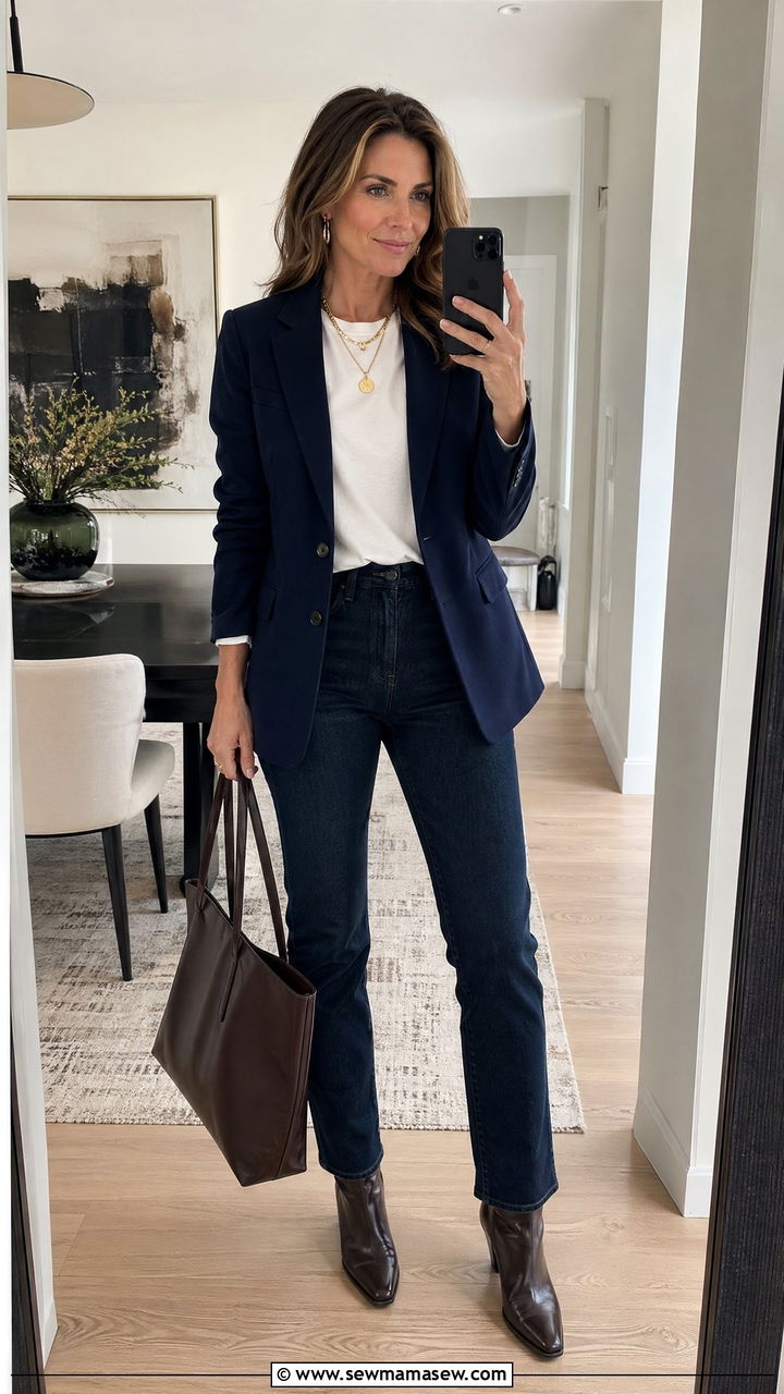 Blazer and White Tee with Dark Jeans Weekend Look - 35 Weekend outfit ideas for women over 40
