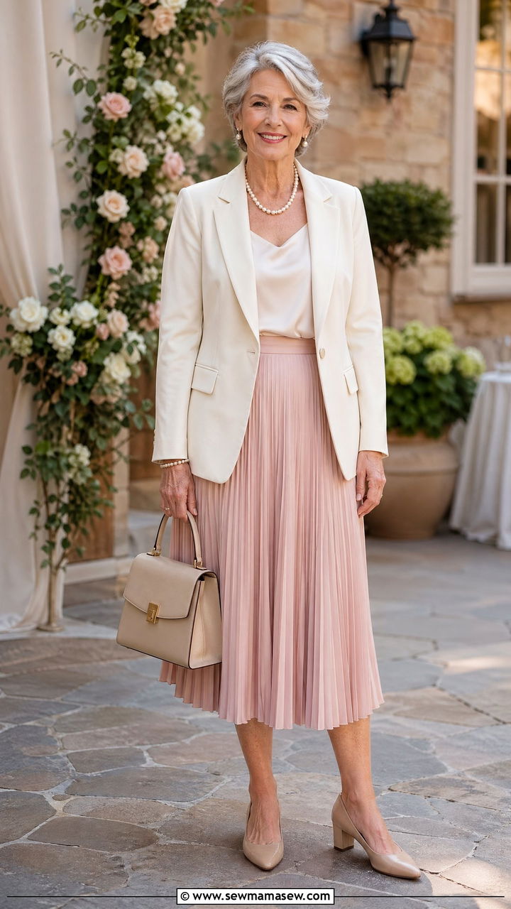 Blazer and midi skirt wedding guest outfit over 60 - 35 Wedding guest outfits for women over 60