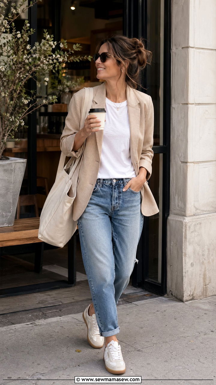 Blazer and tee with boyfriend jeans mom spring style - 35 Spring capsule wardrobe for moms