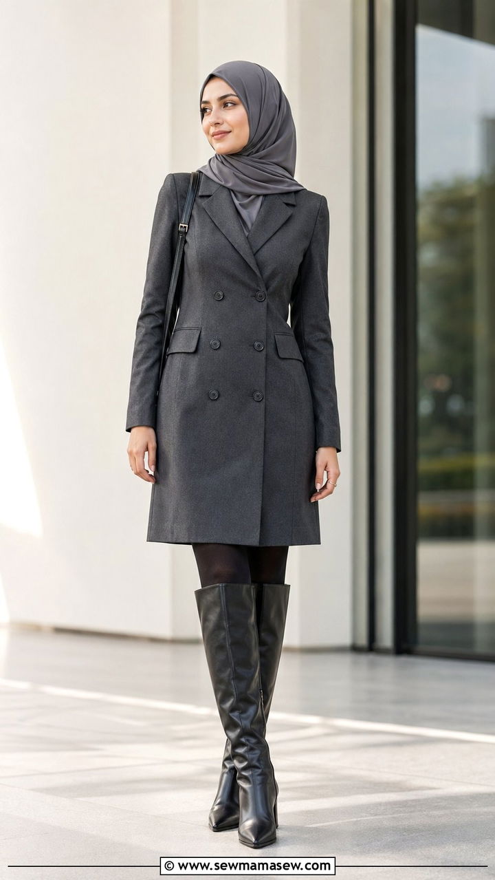 Blazer dress with knee high boots - 35 Modest outfit ideas for hijabis