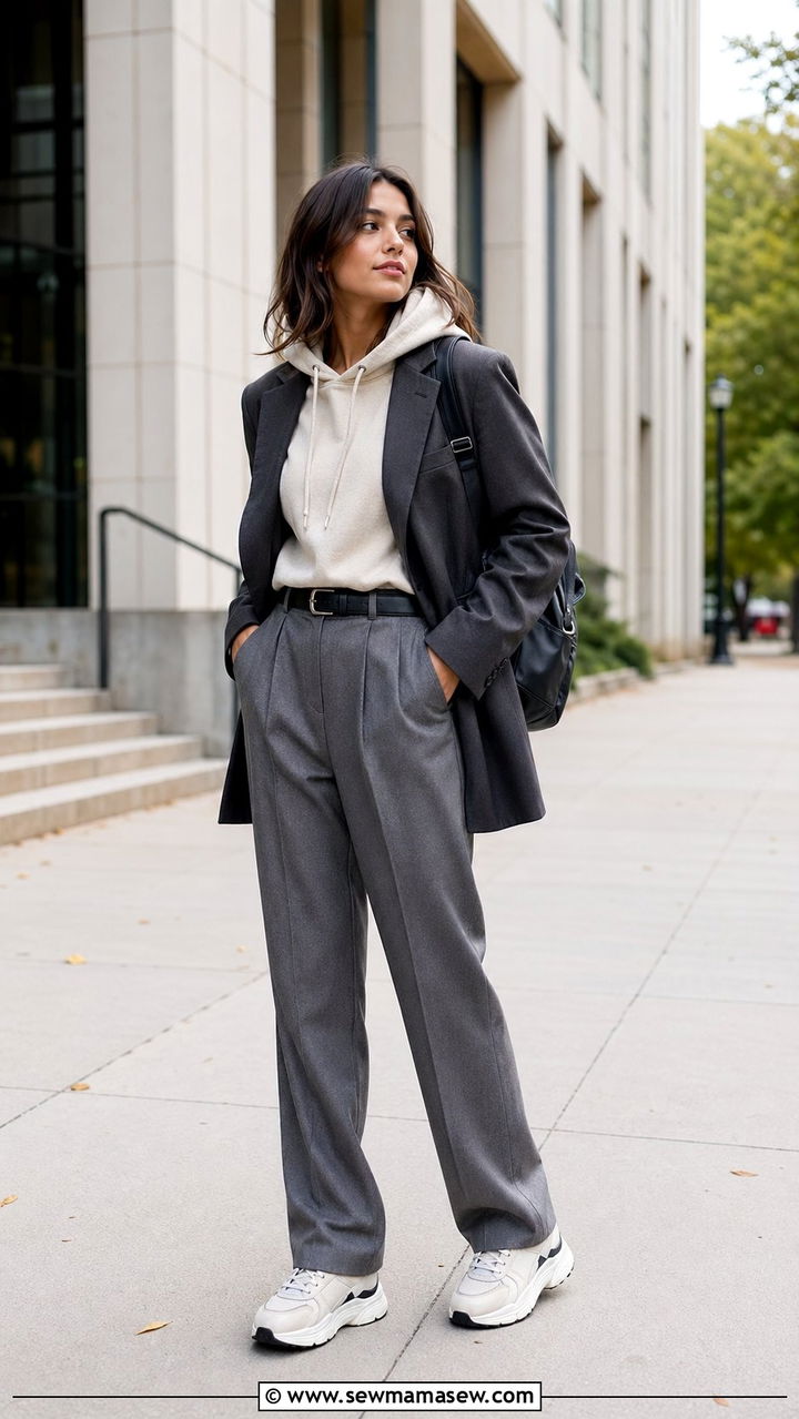 Blazer over hoodie with tailored trousers outfit - 30 Back to school outfit ideas preppy 2026