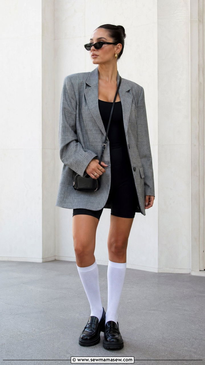 Blazer with Biker Shorts and Knee High Socks Outfit - 35 transitional sporty chic outfit ideas