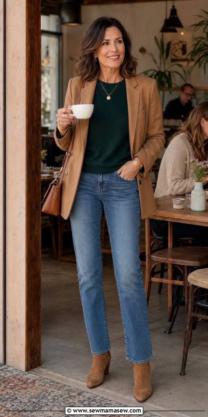 Blazer with Cashmere Sweater and Jeans Outfit - 30 Best blazers for women over 60