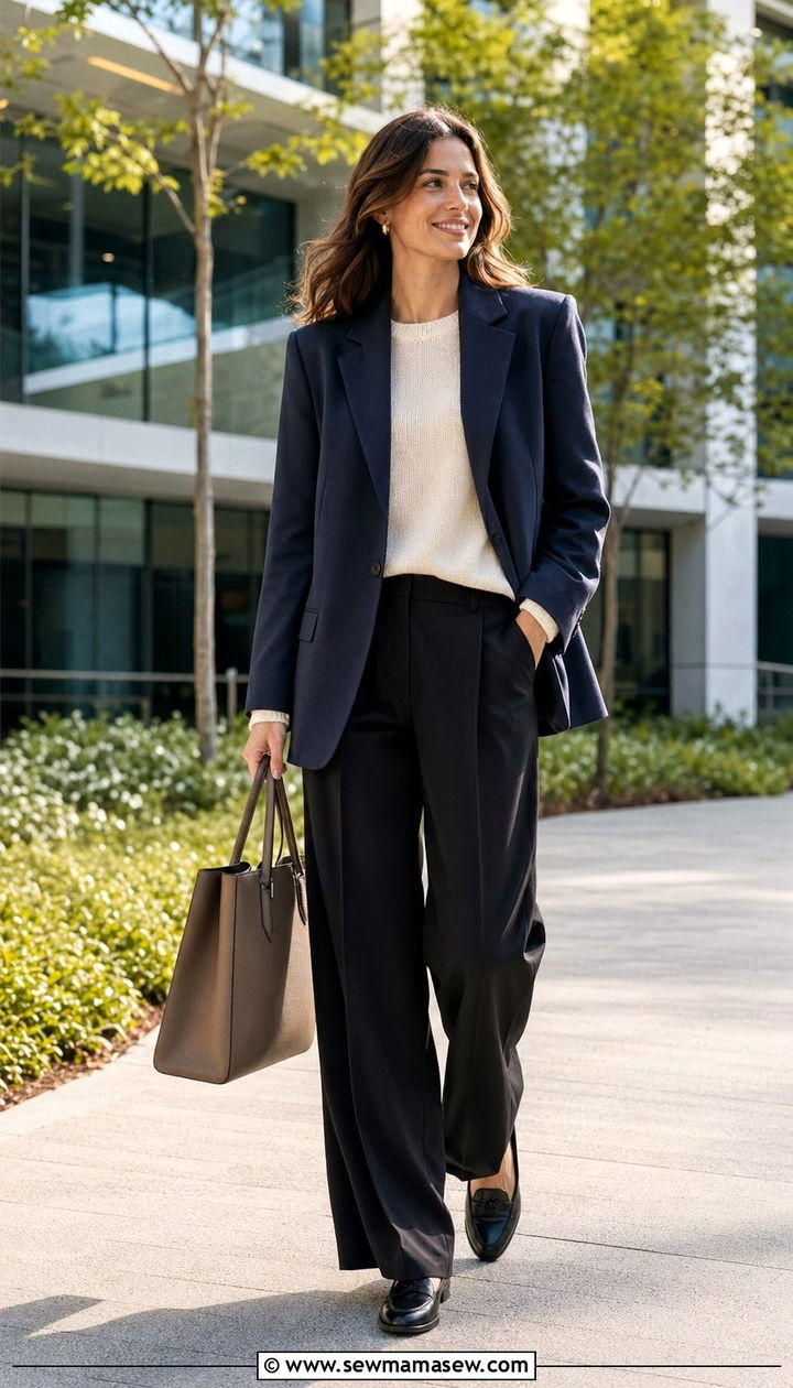 Blazer with Cream Sweater and Trousers Spring Capsule Outfit - 30 10 piece spring capsule wardrobe