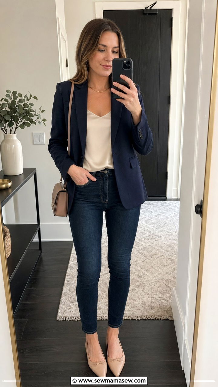 Blazer with Dark Skinny Jeans and Pointed Flats - 35 Petite outfits for women over 40