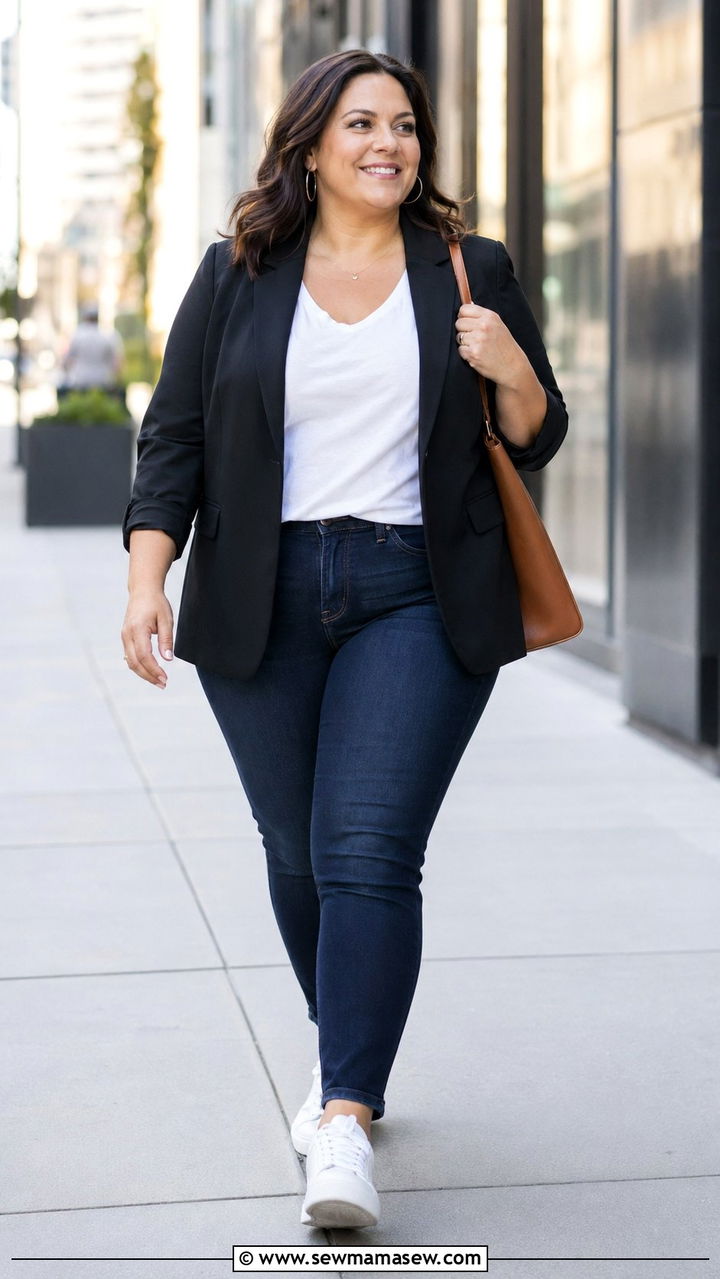 Blazer with Jeans and Sneakers Outfit - 35 Plus size mom outfit ideas