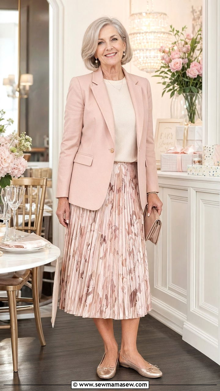 Blazer with Pleated Midi Skirt and Flats Outfit - 30 Best blazers for women over 60