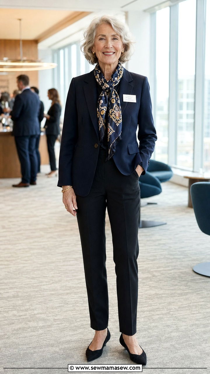 Blazer with Silk Scarf and Black Trousers Outfit - 30 Best blazers for women over 60