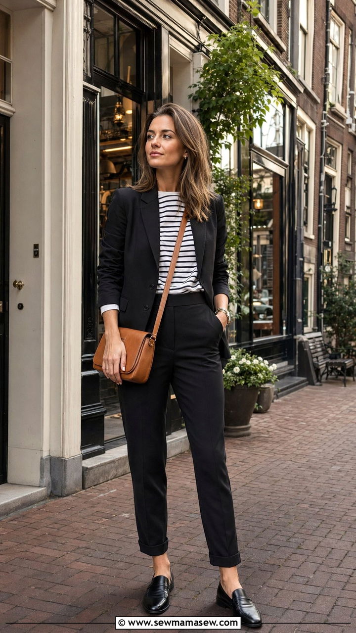 Blazer with Striped Top and Black Pants Amsterdam - 30 Amsterdam outfit ideas