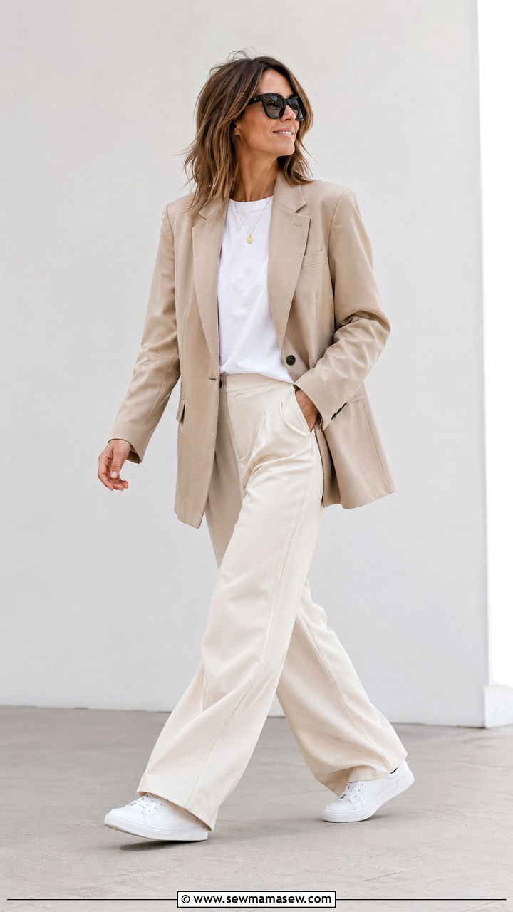 Blazer with Trousers and Sneakers - 35 Chic mom outfit ideas