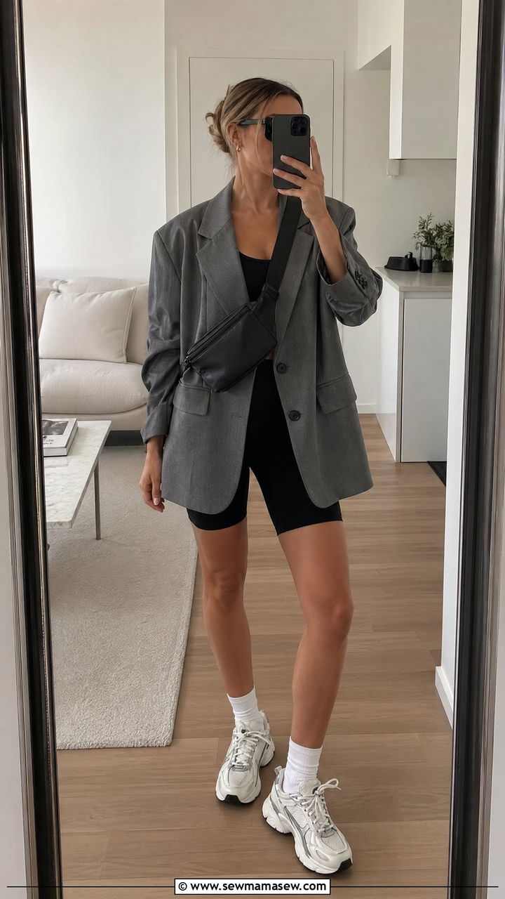 Blazer with biker shorts outfit - 35 Sporty chic outfit ideas