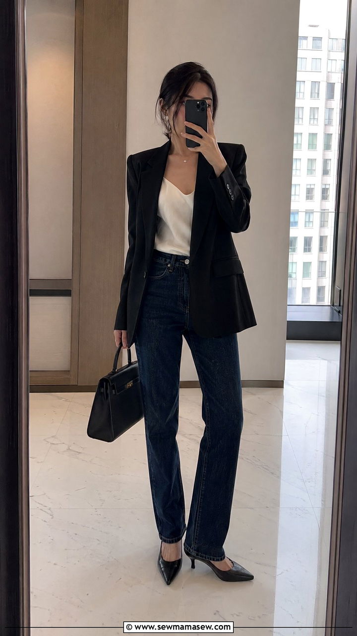Blazer with denim trousers and heels - 35 Weekend getaway outfit ideas