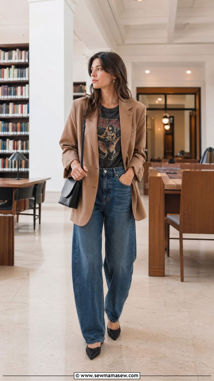 Blazer with graphic tee and barrel leg jeans - 35 cute college outfits