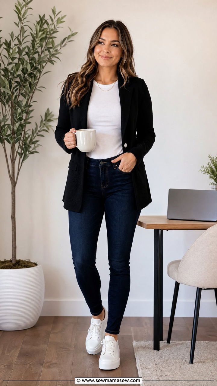 Blazer with jeans and sneakers outfit - 35 Work from home outfits for moms