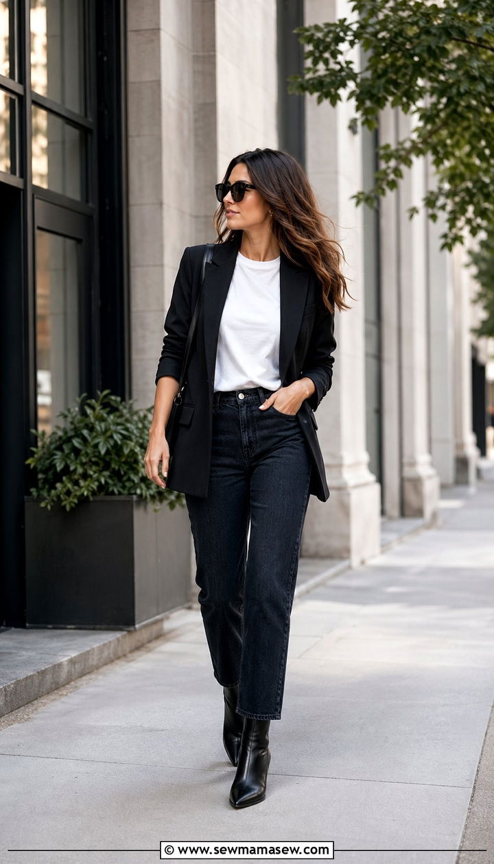 Blazer with white tee and dark denim jeans - 35 Rich mom outfit ideas
