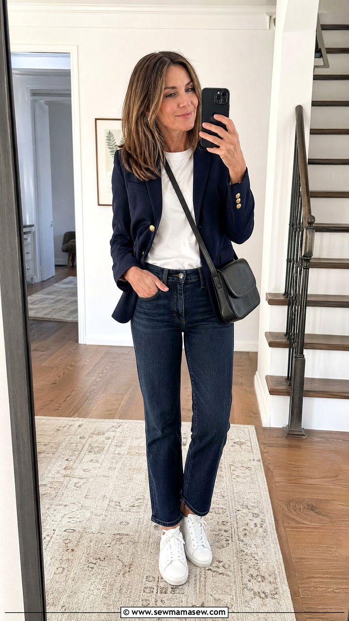Blazer with white tee and dark jeans - 35 Classy outfits for women over 40