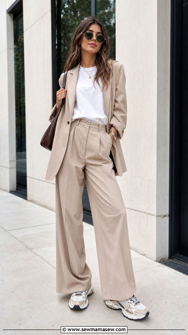 Blazer with wide leg trousers and sneakers outfit - 30 back to school outfits for women