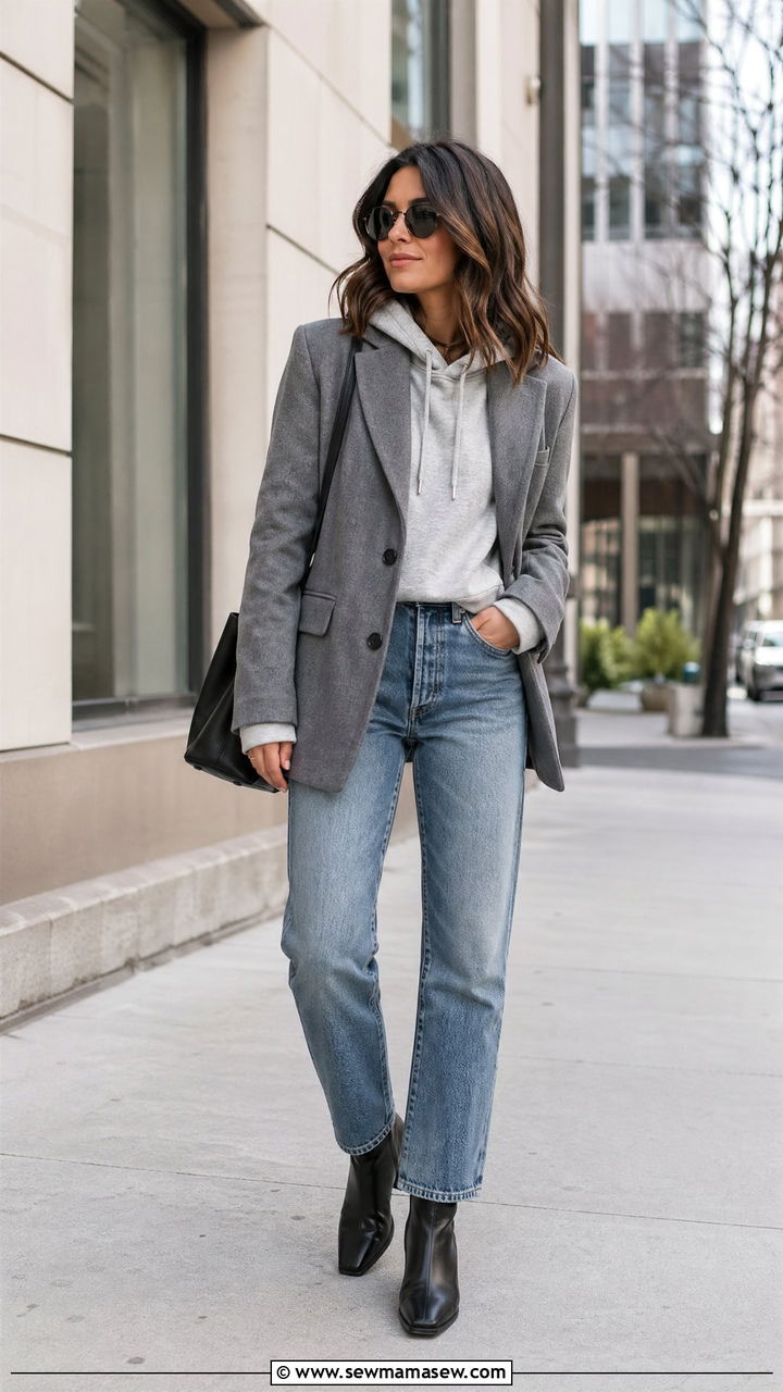 Blazer worn over a hoodie with straight leg jeans - 35 Transitional wardrobe ideas