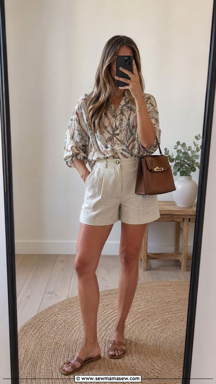 Blouse With Tailored Shorts - 35 Spring outfits for busy moms
