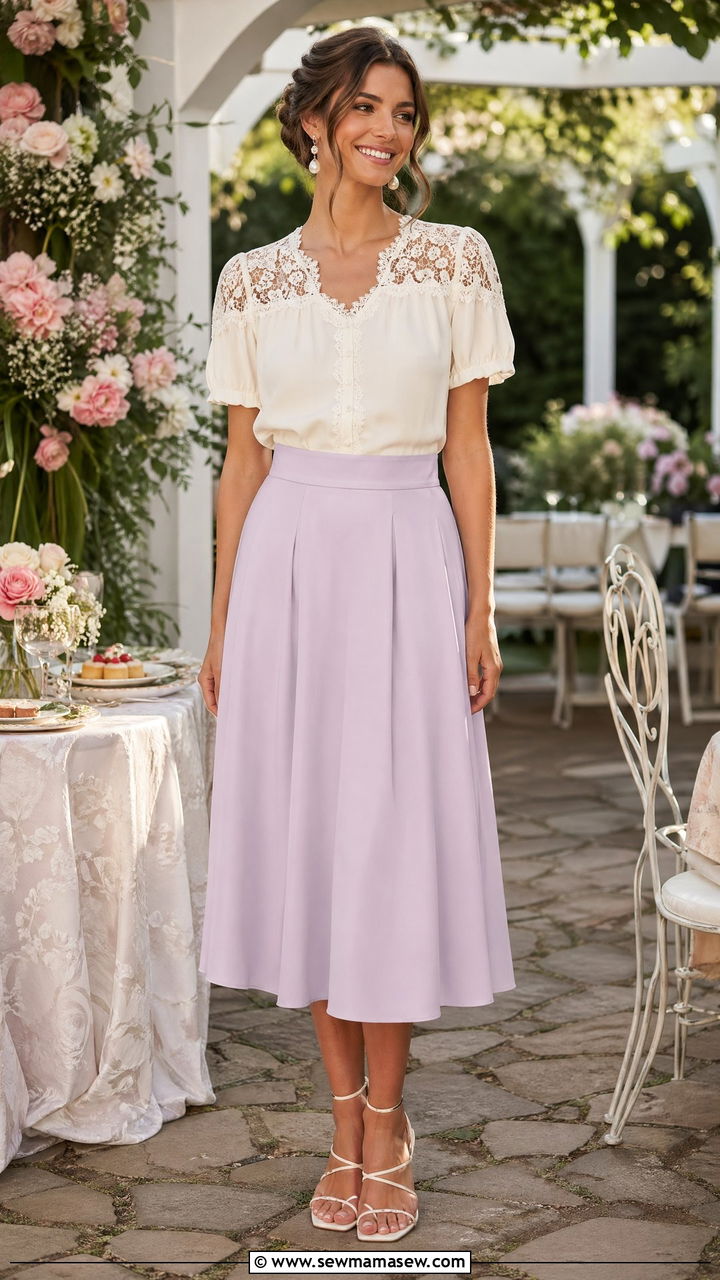 Blouse and midi skirt set for garden bridal shower - 35 summer bridal shower outfit ideas