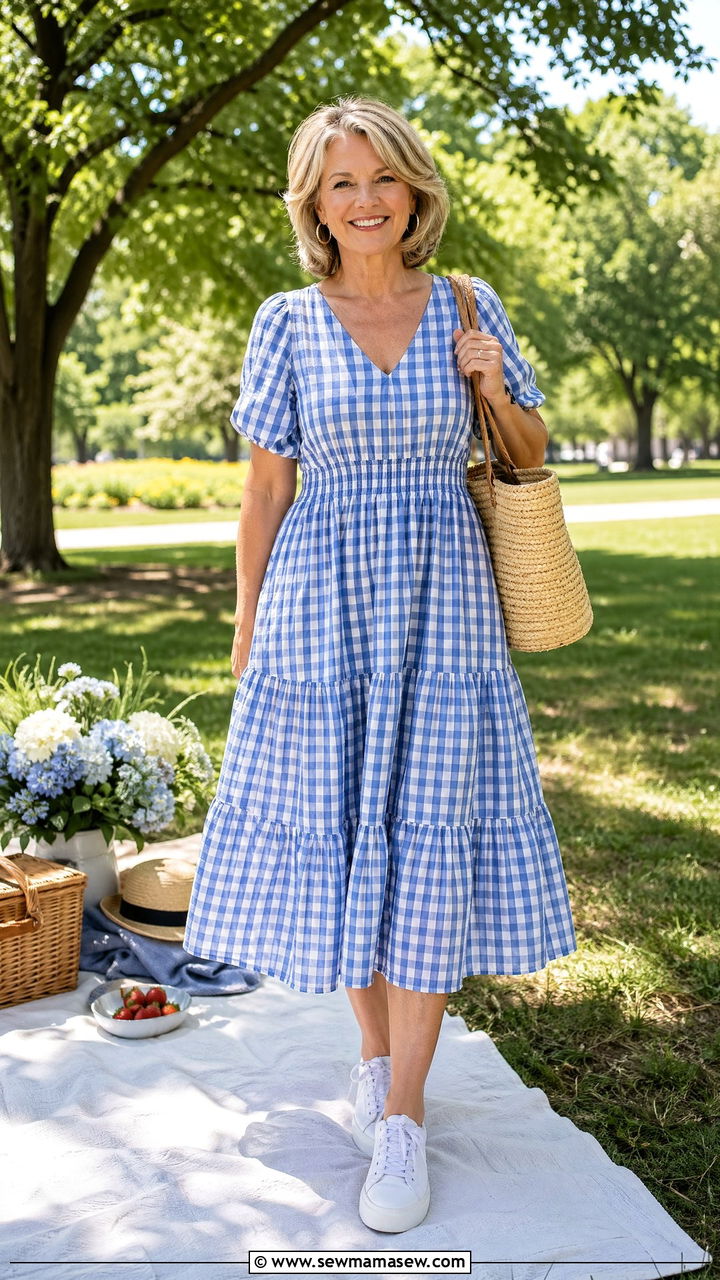 Blue And White Gingham Midi Dress With White Sneakers - 35 Summer outfits for women over 50