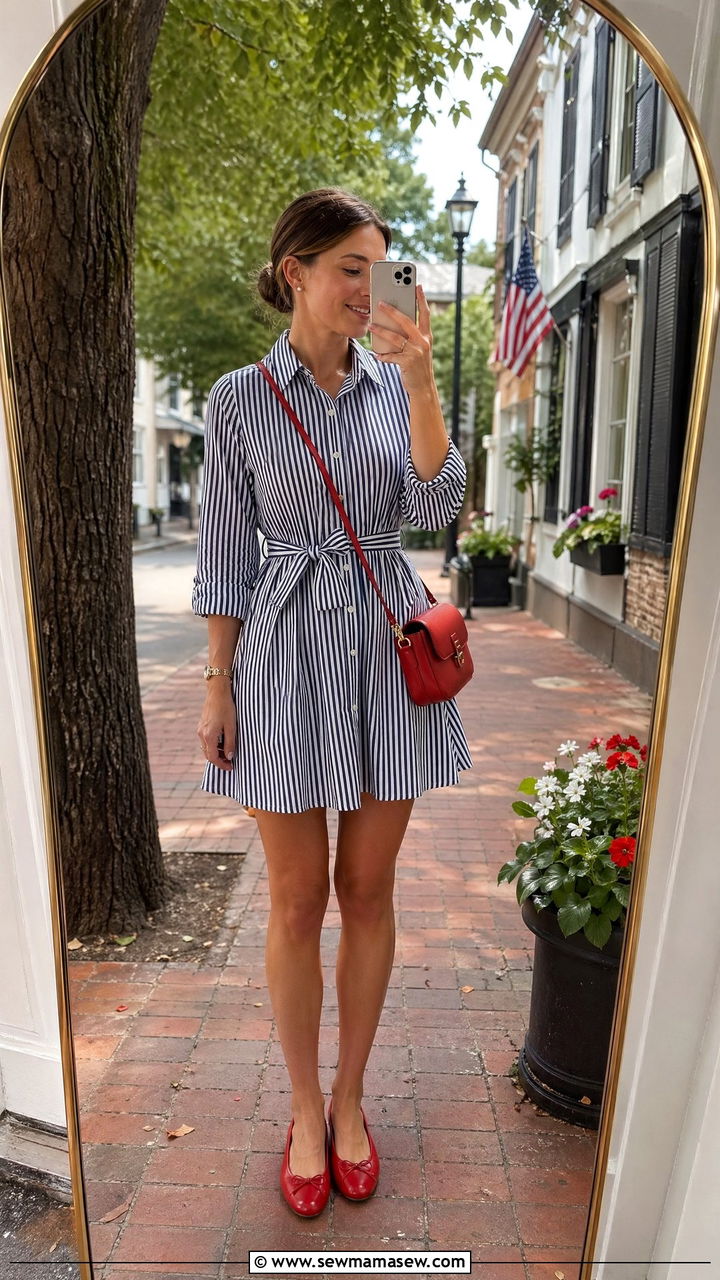 Blue And White Striped Shirtdress With Red Ballet Flats - 35 summer memorial day outfit ideas