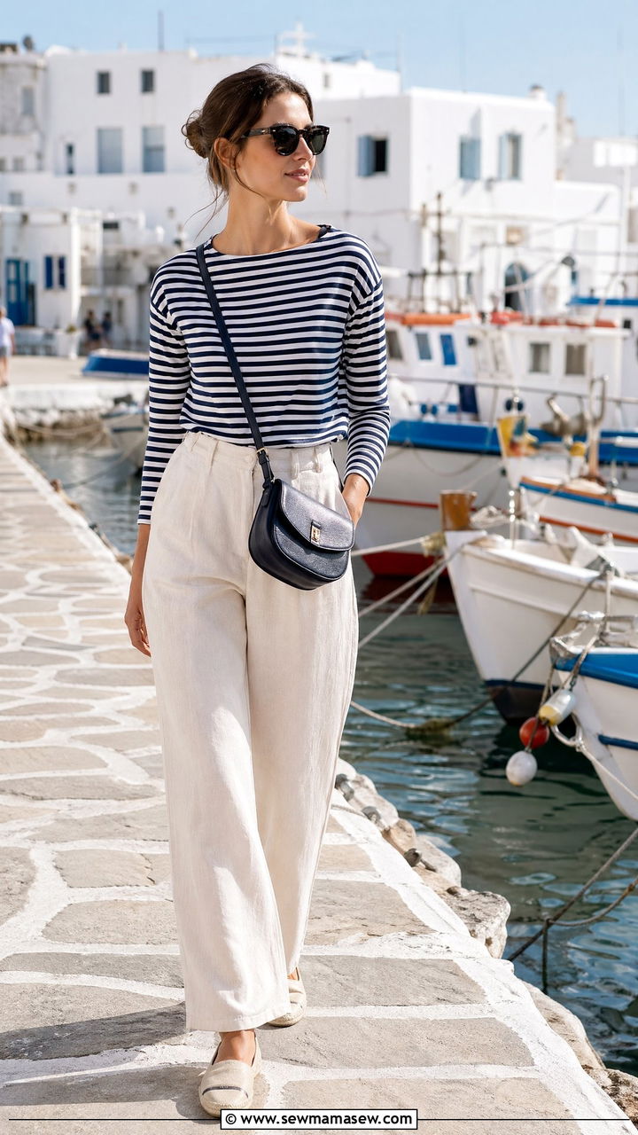 Blue And White Striped Top With Wide Leg Pants - 35 summer greece vacation outfit ideas