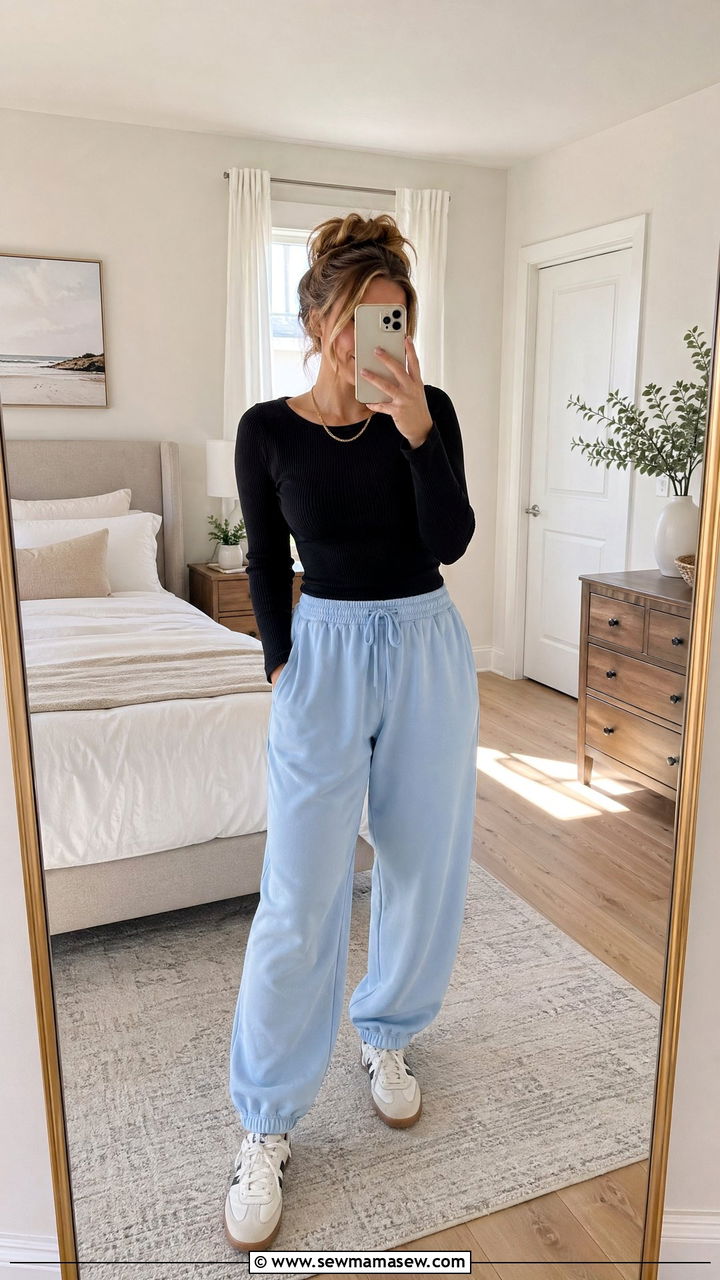 Blue Barrel Sweats and Black Ribbed Top - 35 Spring outfits for stay at home moms