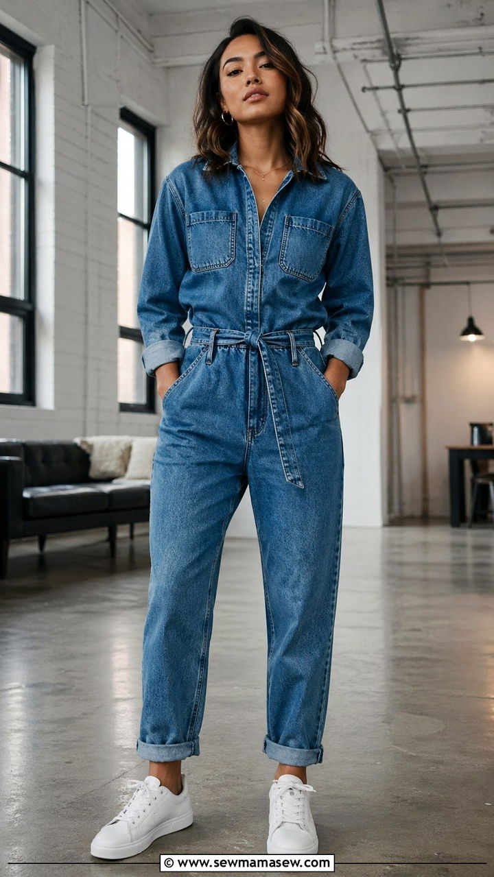 Blue Denim Jumpsuit With White Sneakers - 40 All denim blue outfit ideas