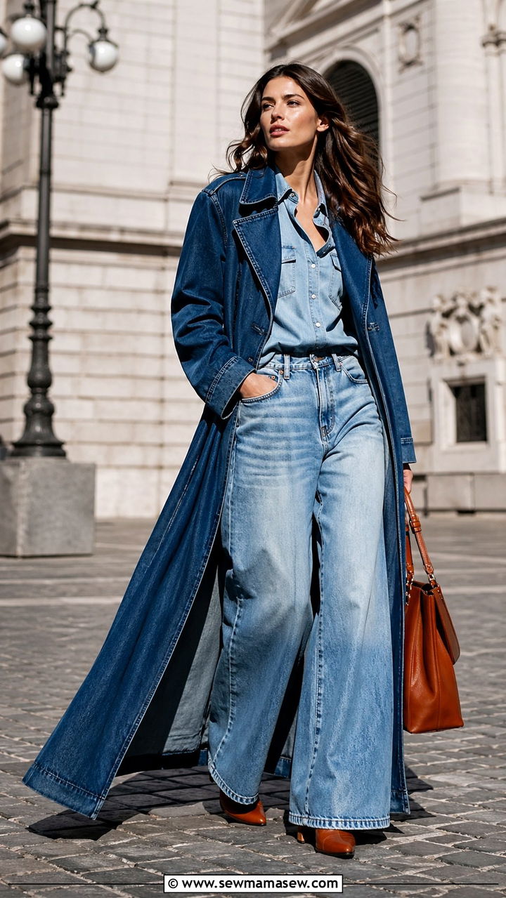 Blue Denim Maxi Coat Over Wide Leg Jeans - 40 All denim blue outfit ideas