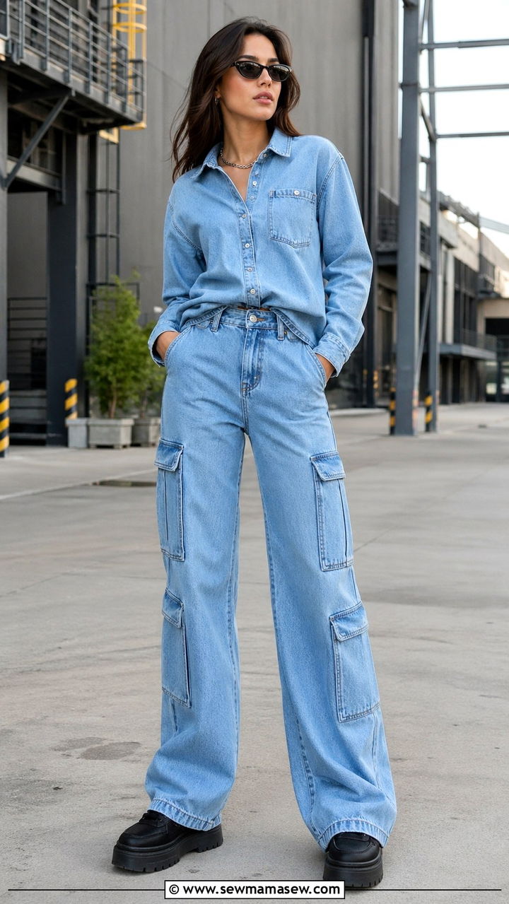 Blue Denim Shirt With Denim Cargo Pants - 40 All denim blue outfit ideas