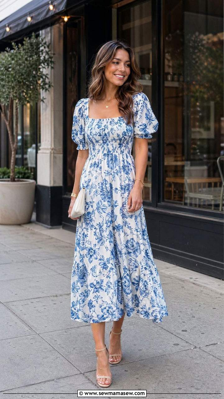 Blue Floral Midi Dress for Spring Baby Shower - 35 spring baby shower outfit ideas